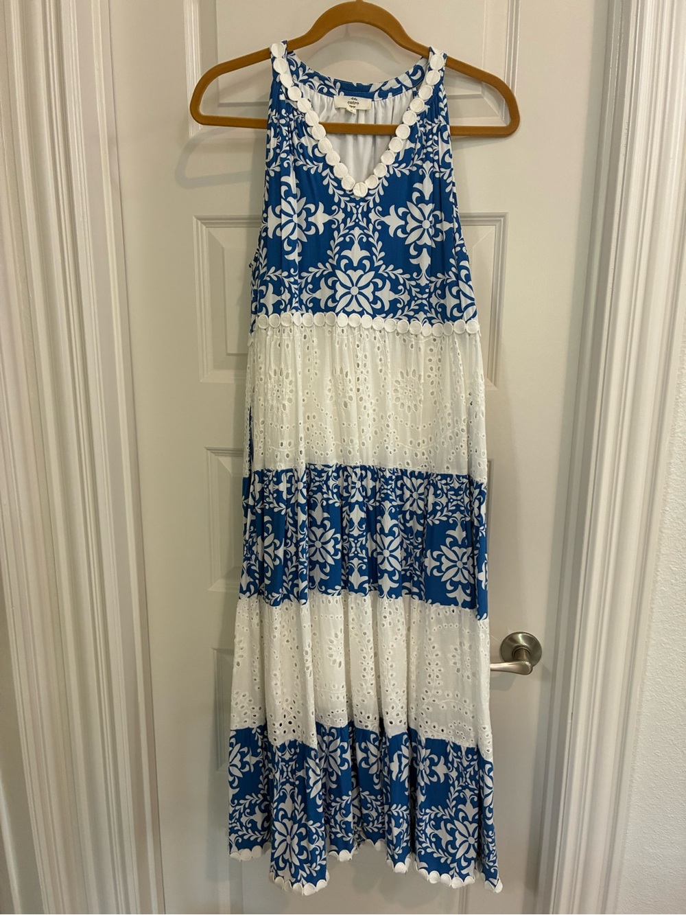 entro Blue and White Floral Eyelet Tiered Maxi Dress